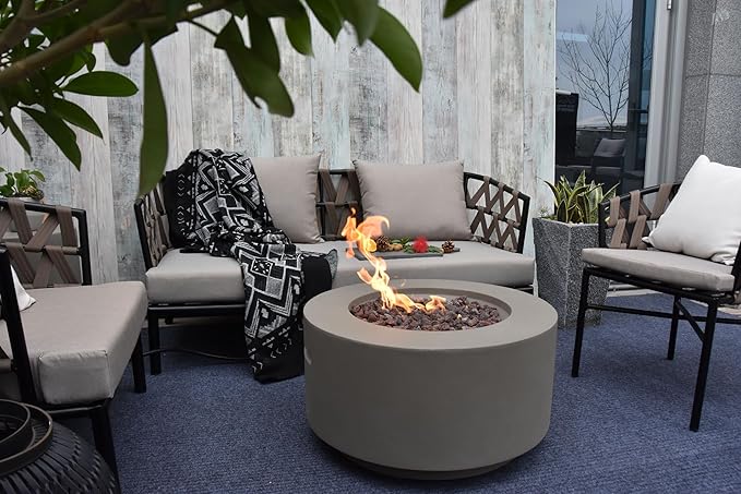 AMS Fireplace | Modeno Waterford Package | Light Gray Natural Gas Fire Pit Table for Outside Patio Bundle with Wind Guard, SS Burner Lid | Free Ice Bucket & Rubber Mat