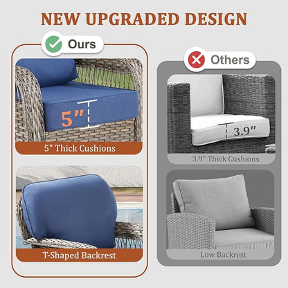 10 Pieces Patio Furniture Set Outdoor Sectional Sofa Couch with Rocking Swivel Chairs 5" Deep Seat Chairs, Modern Wicker Rattan Conversation Set, Blue/Gray Wicker