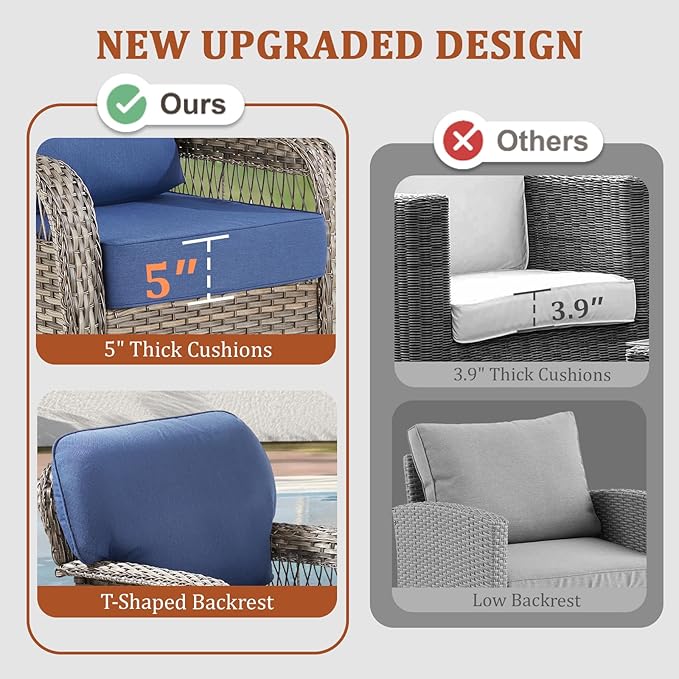 8 Pieces Patio Furniture Set Outdoor Sectional Sofa Couch with Rocking Swivel Chairs 5" Deep Seat Chairs, Modern Wicker Rattan Conversation Set, Blue/Gray Wicker