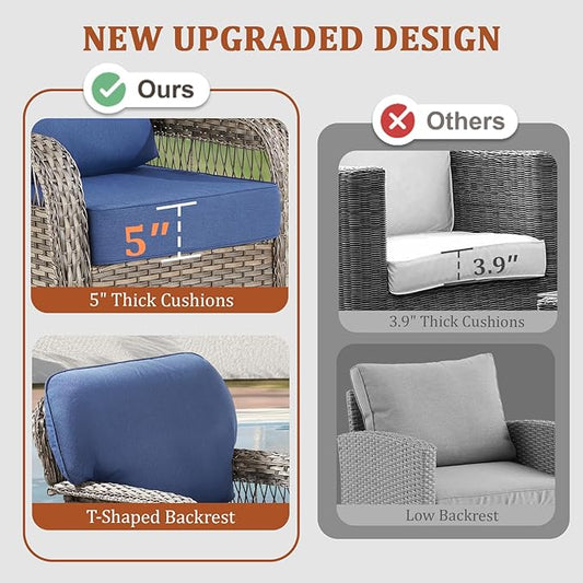 8 Pieces Patio Furniture Set Outdoor Sectional Sofa Couch with Rocking Swivel Chairs 5" Deep Seat Chairs, Modern Wicker Rattan Conversation Set, Blue/Gray Wicker