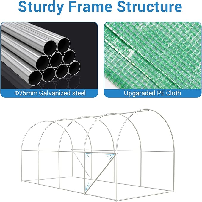 15X7x7 Ft Walk-in Tunnel Greenhouse for Outdoor Gardening - Heavy Duty Galvanized Steel Hoop House with Green PE Cover, Roll-Up Zipper Door & 8 Vent Windows, Garden Plant Protection for Winter Use