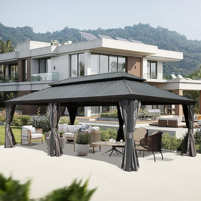 Domi 14' X 24' Hardtop Gazebo Large Outdoor Metal Gazebo Canopy with Galvanized Steel Double Roof, Aluminum Frame, Curtains and Netting for Patio, Deck, Garden, Grey