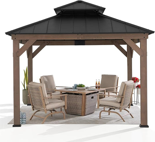 SUNJOY 11 x 11 ft. Wood Gazebo Standard Cedar Framed Gazebos with Black Double Steel Hardtop Roof for Garden, Backyard Shade, Dark Brown Roof + Dark Wood Frame