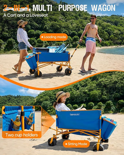Old Bahama Bay 500lbs Love-Seat Wagon 3-in-1 Bench Wagon Seat for 2 Adults & Heavy Duty Utility Cart, 31L Detachable Cooler Bag, Adjustable Handle &Cup Holders,Perfect for The Beach, Sport, Camping