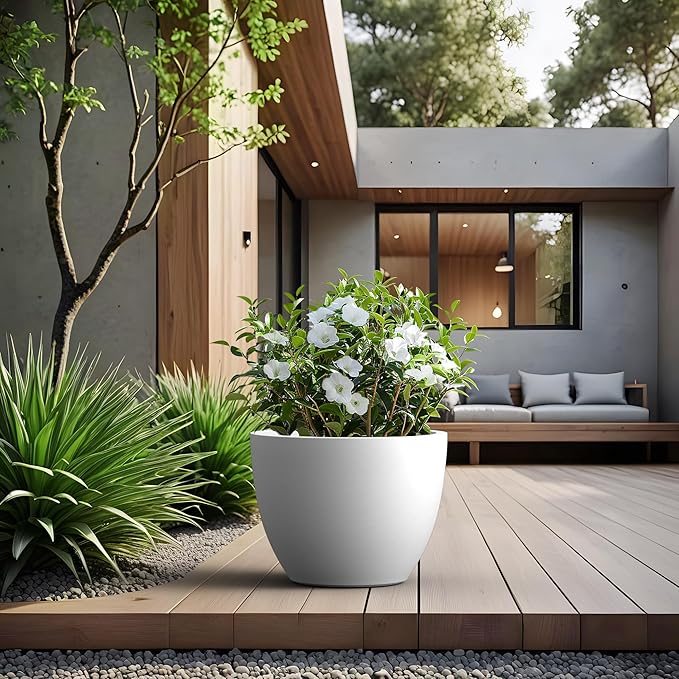 Kante 17.3 Inch Round Concrete Planter - Classic Large Indoor/Outdoor Plant Pot with Drainage Hole and Rubber Plug, Suitable for Gardens and Patios, White Finish with Aqua Blue Interior