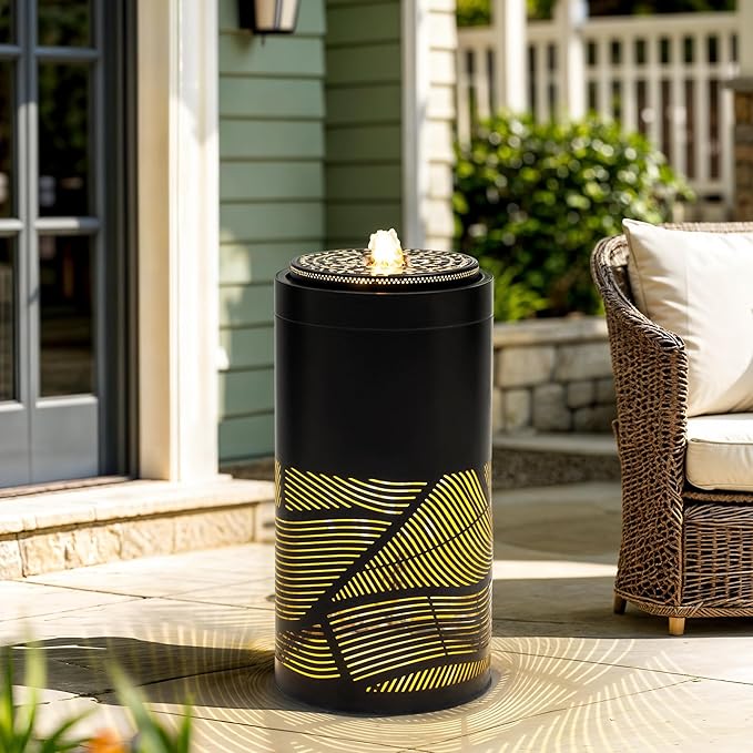 24" Outdoor Fountain, Metal Cutout Lantern Water Fountain, Charming Outdoor Lights for Garden, Patio, Yard
