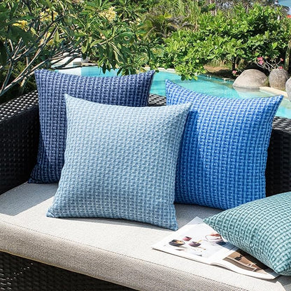 Kevin Textile Outdoor Waterproof Throw Pillow Covers Pack of 2 Farmhouse Decorative Cushion Covers for Garden Patio Tent Balcony Bench Couch Sofa 24x24 Inch, Blue
