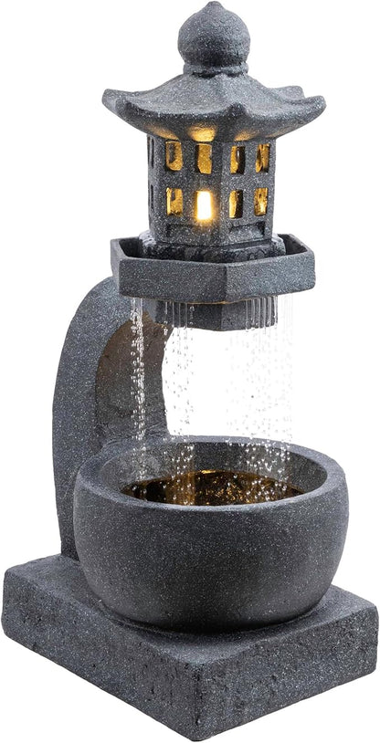 Alpine Corporation DIG370 31" Outdoor Zen Pagoda Water Fountain with LED Lights & Illuminated Stone Bowl – Tranquil Garden Water Feature for Relaxation and Ambiance, Gray