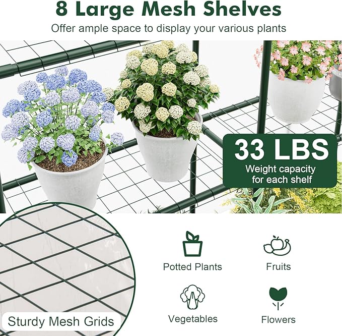 Happygrill Walk-in Greenhouse, Winter Hot House w/4 Tiers, 8 Shelves, Roll-up Zippered Door, Waterproof PVC Film, Portable Greenhouses for Outdoors for Potted Plants, Fruits, Vegetables, Flowers