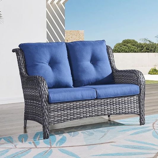 HUMMUH Outdoor Loveseat Sofa 2-Seat PE Rattan Patio Love Seat with Cushions,Deep Seat High Curved Back Armset Sectional Couch for Patio,Garden,Yard,Porch