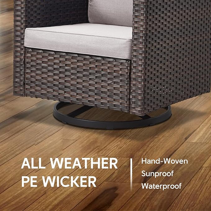 5 Piece Wicker Patio Furniture Set - Outdoor Swivel Rocker Chairs Set with 3 Seat Sofa and Ottomans, Small Patio Conversation Sets Proch Furniture for Balcony Deck - Brown/Beige