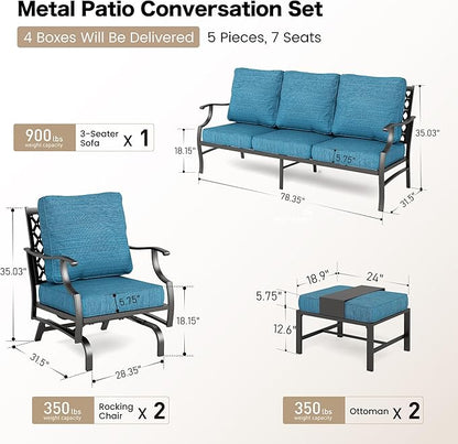 7 Piece Metal Outdoor Patio Furniture Sets, Patio Conversation Sets 3-Seater Sofa, 2 Rocking Chair, 2 Ottomans with 5.75" Thick Cushion, All-Weather Frame Backyard Furniture, Blue-2