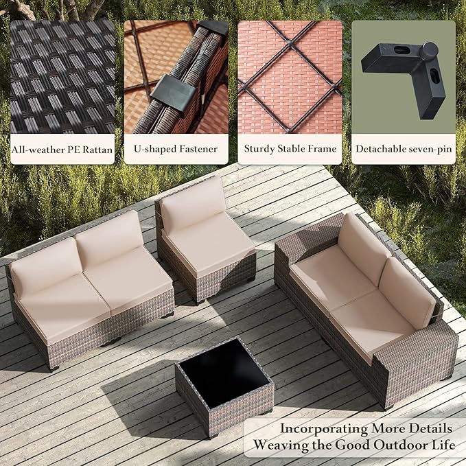 Outdoor Patio Furniture Set, 12 Pieces Outdoor Furniture All Weather Patio Sectional Sofa PE Wicker Modular Conversation Sets with Coffee Table,10 Chairs & Seat ClipsBrown.