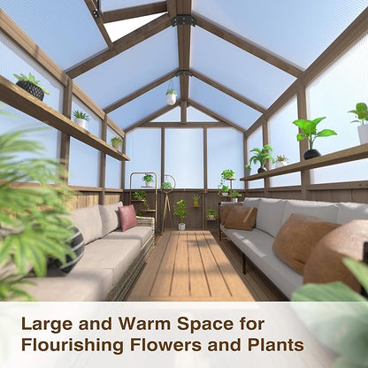 6x8 FT Greenhouse Kit for Outdoor, 6MM Thick Polycarbonate Panel Wooden Walk-in Green House with Lockable Door and Adjustable Roof Vent, Backyard Garden, Light Mocha Brown