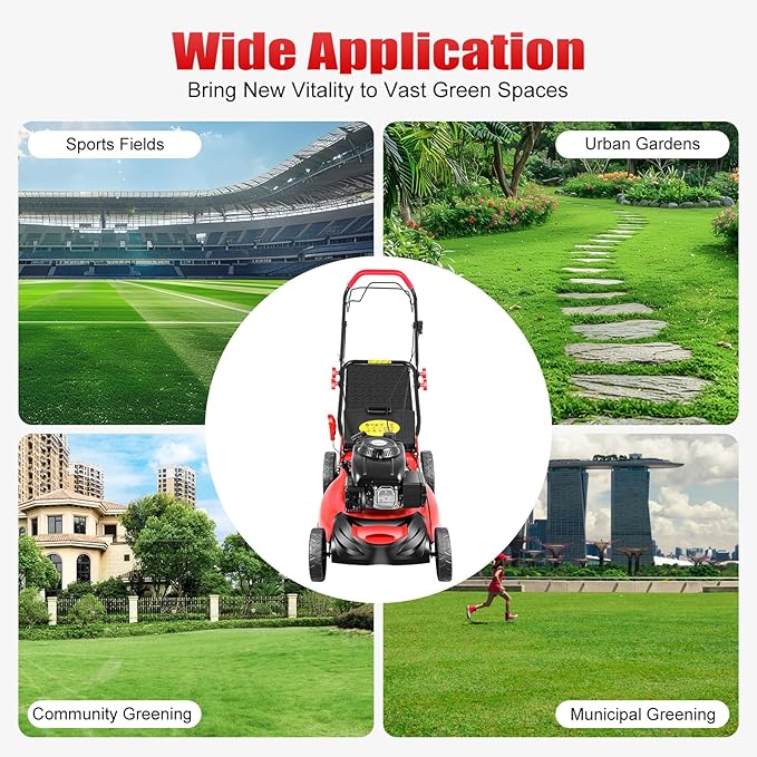 5Hp 4 Stroke Gas Push Lawn Mower, Self-Propelled Gas Powered Lawn Mower with Bagger, 20-inch & 140CC Gas Mower, 8 Adjustable Heights for Small to Medium Sized Yards