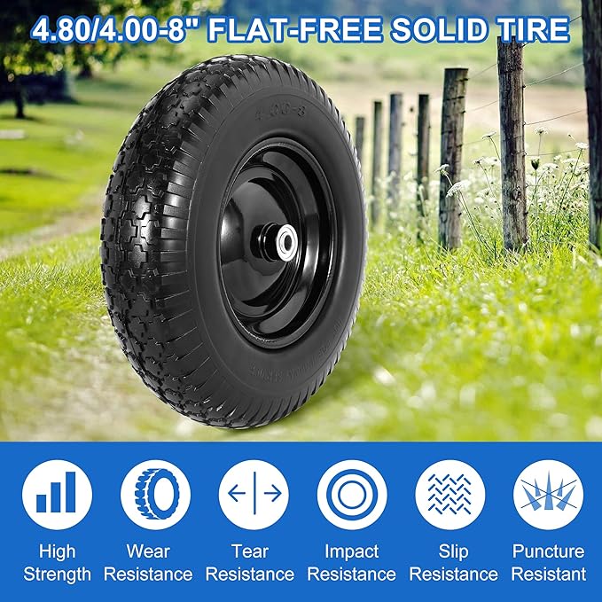 16" Flat Free Wheelbarrow Tires, 4.80/4.00-8" Flat-Free Solid Tire with 5/8" Axle Bore Hole for Wheelbarrow Lawn Mover Trolley Dolly Go Kart Replacement (2 Pack)