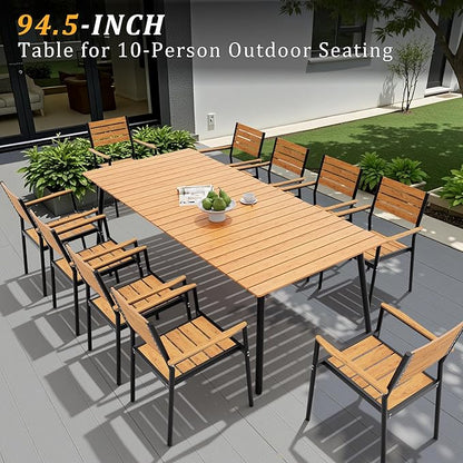 Outdoor Dining Table for 8-10, 94.5 inch Patio Dining Table with Wooden-Like Top and Aluminum Frame, Rectangular Table with Umbrella Hole Outdoor Furniture, Brown