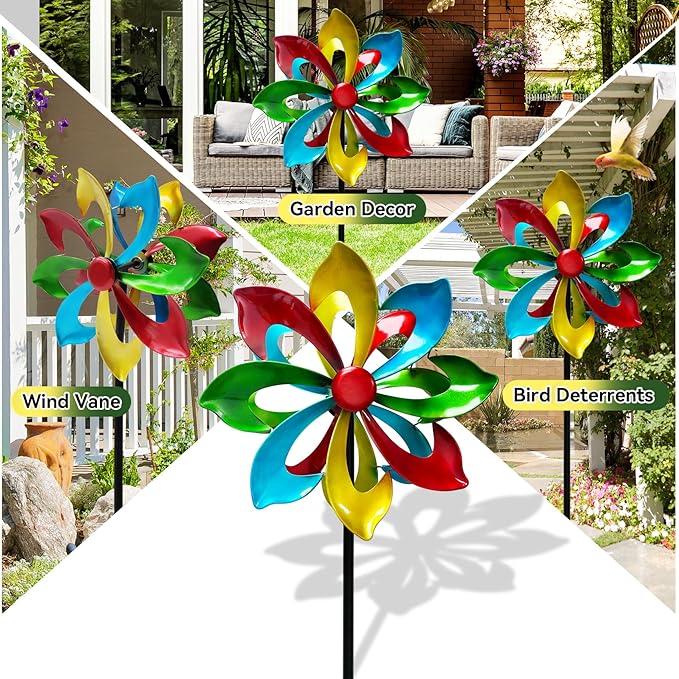 Colorful Metal Wind Spinners for Outdoor - 13 Inch Smooth Spinning Garden Wind Sculptures, Wind-Catcher with Upgraded Stable Stakes for Yard & Patio Decoration