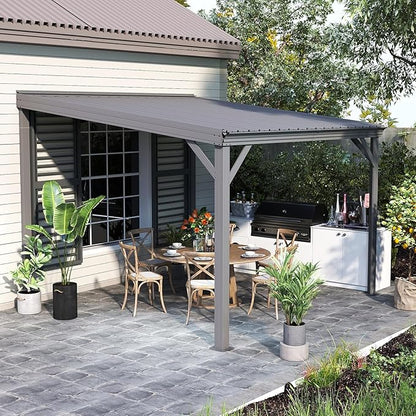 Domi 10’x10’ Wall-Mounted Hardtop Gazebo Pergola – Permanent Lean-to Outdoor Shelter with Sloped Galvanized Steel Roof & Upgraded Drainage – Grey Metal Patio Cover for Backyard, Deck, Garden