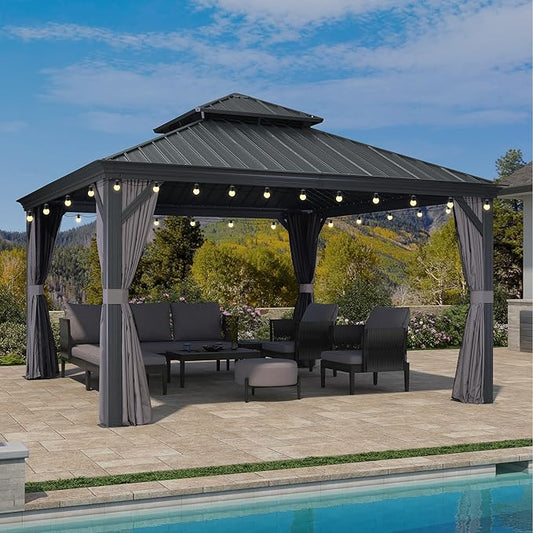 PURPLE LEAF 13' X 13' Gazebo with Light Galvanized Steel Hardtop Roof Patio Gazebo for Outdoor Lawn and Garden Permanent Pavilion Grey