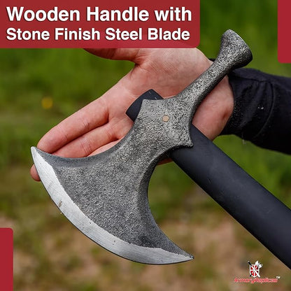 Armory Replicas™ Rustic Barbarian Hammerhead Battle Axe – 22.5" Steel Blade with Stone Finish & Wooden Handle – Versatile Tool for Camping, Outdoor Tasks
