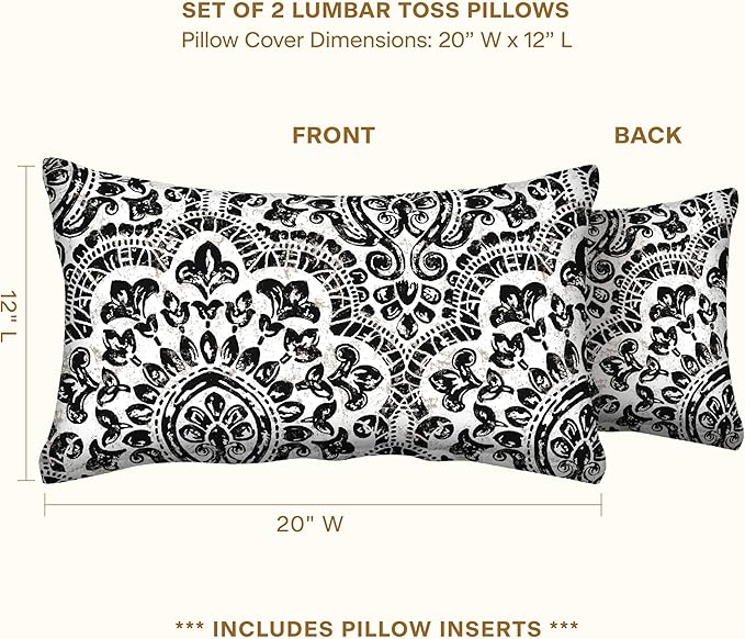 Honeycomb Outdoor Lumbar Toss Pillow Set, 20" W x 12" L, Sorrento Black and White Outdoor Pillows