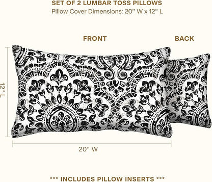Honeycomb Outdoor Lumbar Toss Pillow Set, 20" W x 12" L, Sorrento Black and White Outdoor Pillows