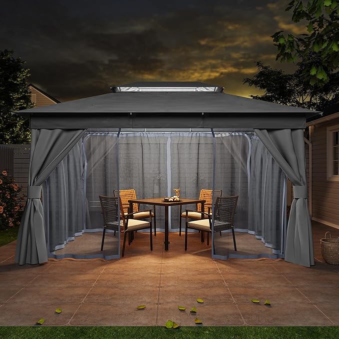 Outdoor Patio Gazebo 10x13FT, Heavy Duty Party Tent & Shelter with 2-Tier Roof and Expansion Bolts, Mosquito Nettings and Privacy Screens for Backyard, Garden, Poolside, Gray
