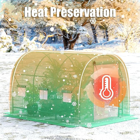 Greenhouse with Watering System, 12x7x7 Outdoor Greenhouse with 6 Mesh Windows and 1 Door, Easy Water and Irrigate Plants Green House (Green, 12x7x7 ft w/ Irrigation System)
