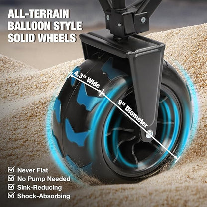 REDCAMP Collapsible Beach Wagon with 9" Big Wheels for Sand, 450lb Heavy Duty Foldable Beach Cart with All-Terrain Balloon Style Foam Wheels for Gravel, Sand, Camping, Groceries, Garden