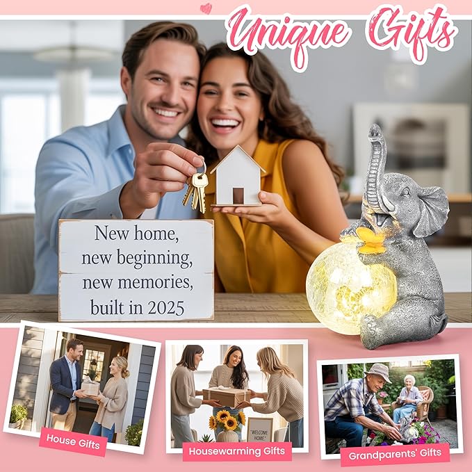 Solar Garden Outdoor Statues for Women, Mom, Grandma. Glass Globe Elephant Figurine Housewarming and Birthday Gifts Elephant Statue Decor for Backyard, Patio, Balcony, Lawn, Pond