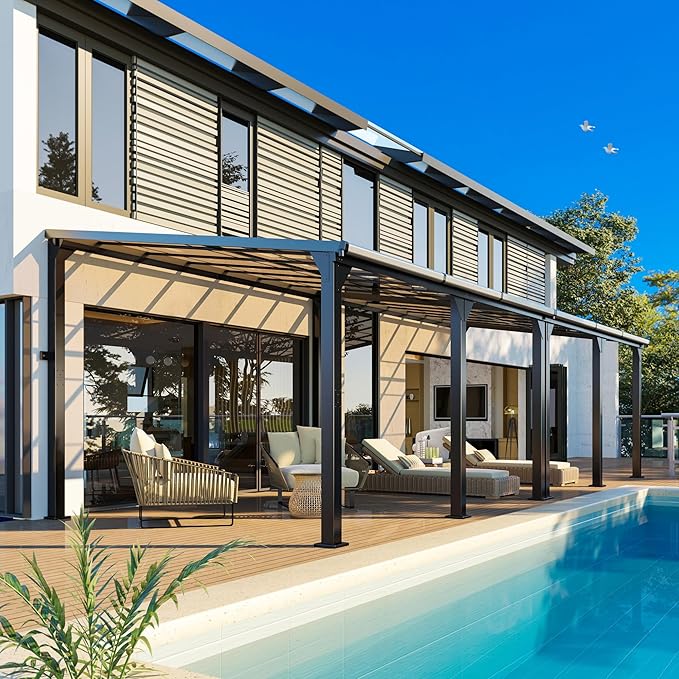 10 * 28FT Pergola,Outdoor Gazebo,Hardtop Lean to Gazebo,Wall Mounted Pergola,Pergolas Gazebos Clearance,Aluminum Frame Pergola,UV Resistant Patio Roof,Patio Awnings for Porch,Lawn,Backyard
