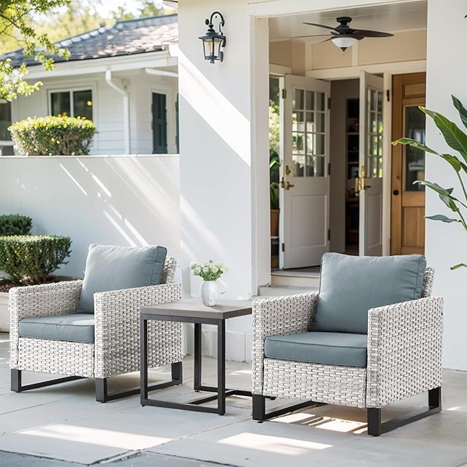 HUMMUH Outdoor Patio Chairs Metal Frame Wicker Dinning Chairs with Side Table 4 inch Seat Cushions Light Blue