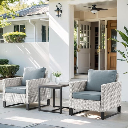 HUMMUH Outdoor Patio Chairs Metal Frame Wicker Dinning Chairs with Side Table 4 inch Seat Cushions Light Blue