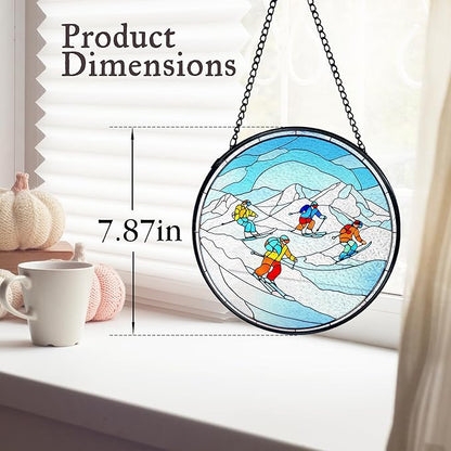 kdqua Winter Ski Suncatcher Stained Glass Window Hanging, Ski Lovers Gifts for Women Sun Catchers Indoor Window Glass Round Wall Decor, Winter Skiing Wall Art Hanging Decorations Statues, 7.9x7.9in