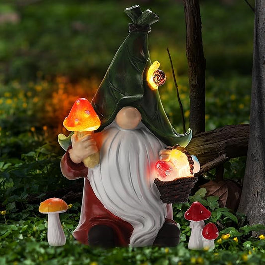 Mushroom-Picking Gnome Solar Garden Statue with 3 LED Lights, Set with 1 Gnome and 2 Small Mushroom, Lovely Garden Gnome Set for Patio, Yard, Lawn Ornament, Outdoor Decor