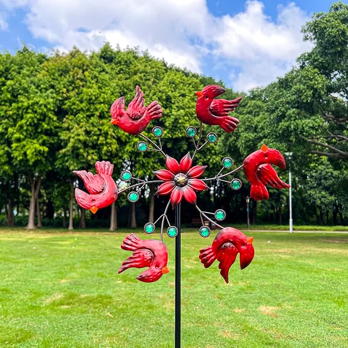 Cardinal Red Bird Wind Spinner Garden Decor, 48 Inch Metal Yard Spinner Sculpture for Patio Lawn & Outdoor Decorations