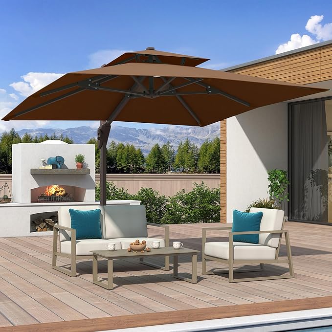 10x10 FT Cantilever Patio Umbrella Double Top Outdoor Square Large Heavy Duty Aluminum Offset Umbrellas with 7 Level Tilt 360-degree Rotation for Pool Garden Deck, Brown