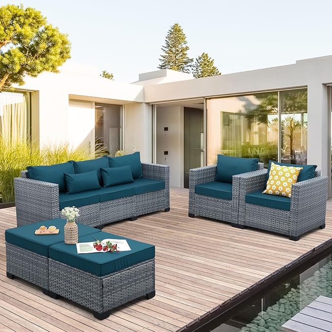 Patio Furniture Set, 5-Piece Outdoor Wicker Conversation Set with All-Weather PE Rattan, Anti-Slip Cushions & Ottomans, Sectional Sofa for Patio, Balcony & Deck, Peacock Blue
