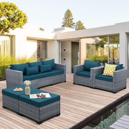 Patio Furniture Set, 5-Piece Outdoor Wicker Conversation Set with All-Weather PE Rattan, Anti-Slip Cushions & Ottomans, Sectional Sofa for Patio, Balcony & Deck, Peacock Blue