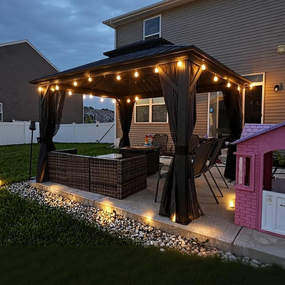 PURPLE LEAF 10'x12' Hardtop Gazebo with Lights UV-Protected Aluminum Double Roof Galvanized Steel Frame Outdoor Patio Gazebo Including Netting and Curtains for Deck Garden Backyard Grey