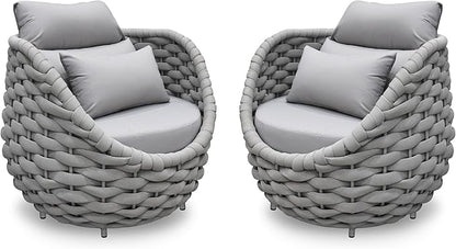 2 PCS Patio Deck Accent Chair: Large Woven Rope Chair Cushioned - Aluminum Modern Single Lounge Armchair Assembled - All Weather Outdoor Seating for 400lbs Lanai Balcony Porch Garden Hotel, Gray