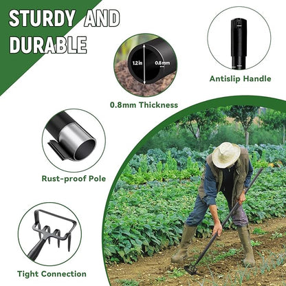 Stirrup Hoe, Heavy Duty Hula Hoe with 32-62" Adjustable Long Handle, 2 in 1 Action Hoe with Cultivator Rake, Scuffle Hoe, Hula Hoe Garden Tool for Weeding Grass, Loosening Soil, Sharp Blade, Black