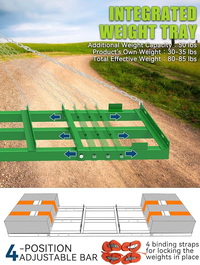 4ft Heavy Duty Drag Harrow for ATV, UTV, Tractor - Adjustable Tow Behind Leveling Rake with Weight Tray for Driveway Grader, Lawn, Field, Pasture, Food Plot Maintenance, Green(48 inch)