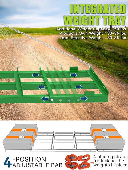 4ft Heavy Duty Drag Harrow for ATV, UTV, Tractor - Adjustable Tow Behind Leveling Rake with Weight Tray for Driveway Grader, Lawn, Field, Pasture, Food Plot Maintenance, Green(48 inch)