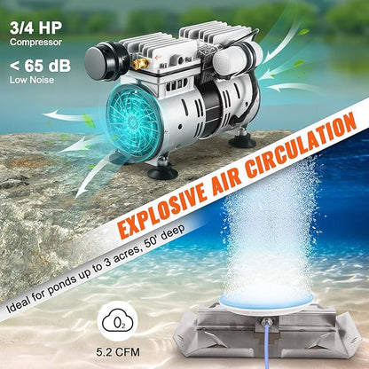 VEVOR Pond Aerator, 550W Power, 5.2CFM for Up to 3 Acre 50' Lake, Includes 3/4 HP Compressor & 2 100' Weighted Tubings & 2 Diffusers, Air Compressor for Deep Water Oxygen Circulation