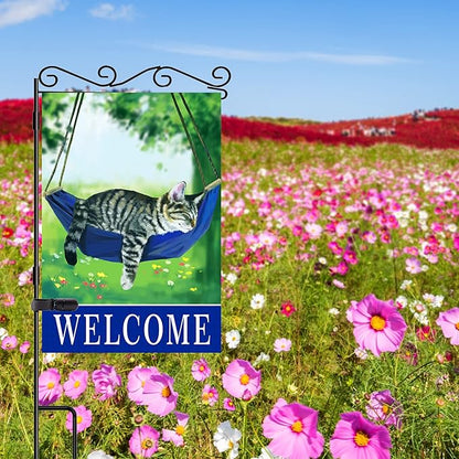 Welcome cat garden flags for outside 28x40，seasonal flags with cats double sided house flags, spring House Yard Lawn Decor Holiday Funny Garden Yard Decoration