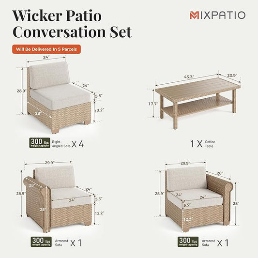 Patio Furniture Set, 7 Piece Outdoor Rattan Wicker Sectional Conversation Set with 5.5" Thick Waterproof Cushions and Coffee Table for Deck Backyar