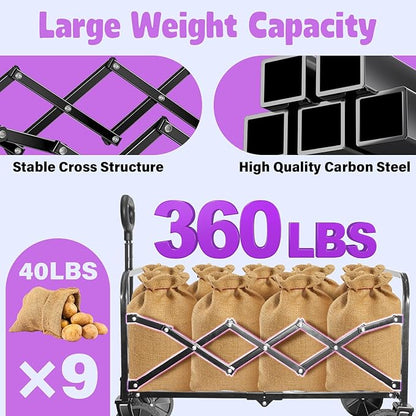 Collapsible Foldable Wagon Cart,360Lbs Collapsible Wagon Cart with Wheels Portable,Outdoor Utility Carts for Groceries, Camping, Sports, Garden, Shopping
