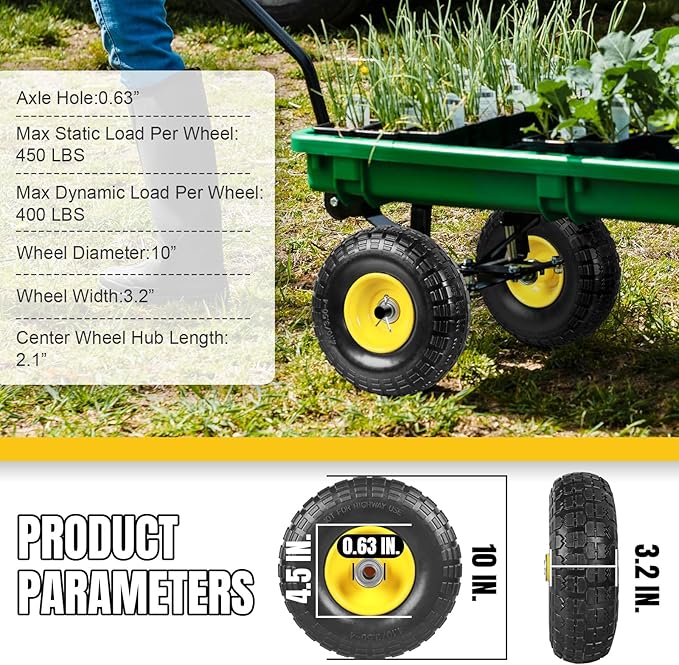 10 Inch Soild Rubber Dolly Tire Wheels, 4.10/3.50-4" Tire and Wheel Flat Free for Garden Carts, 5/8" Bearings,2.1"Offset Hub for Hand Truck, Gorilla Cart, Wheelbarrow Metal (4 Packs)